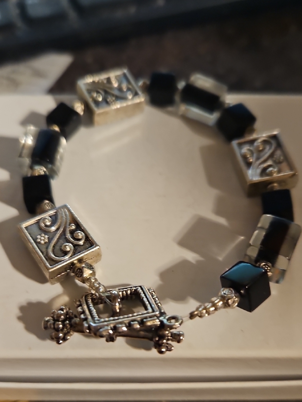 Silvertone Glass Black Beaded Toggle Clasp Bracelet